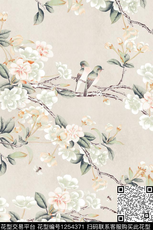 鸟花卉素雅数码印花华亿平台下载（图片编号: 1254371） - 瓦栏（Walan）
