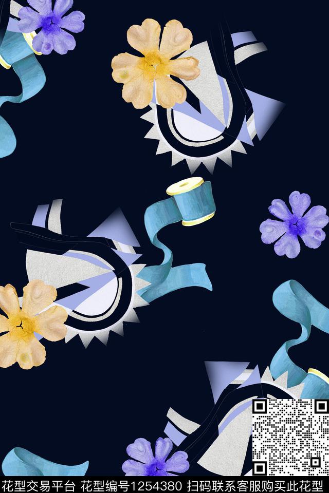线条花卉蝴蝶结数码印花华亿平台下载（图片编号: 1254380） - 瓦栏（Walan）