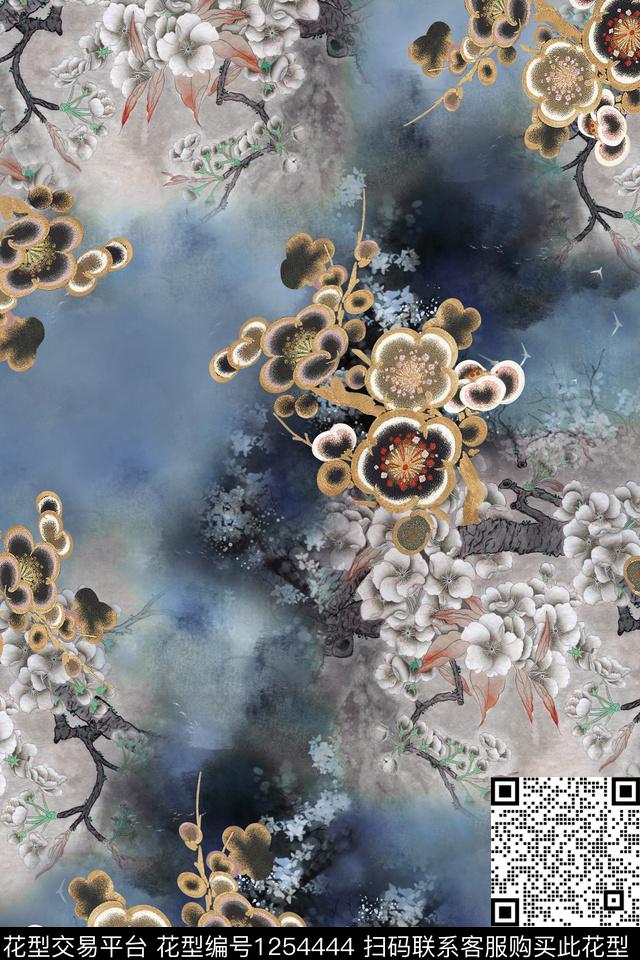 香云纱大牌风梅花数码印花华亿平台下载（图片编号: 1254444） - 瓦栏（Walan）