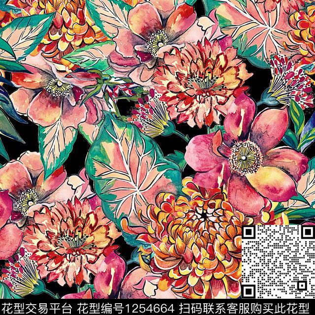 花卉黑底花卉数码华亿平台数码印花华亿平台下载（图片编号: 1254664） - 瓦栏（Walan）
