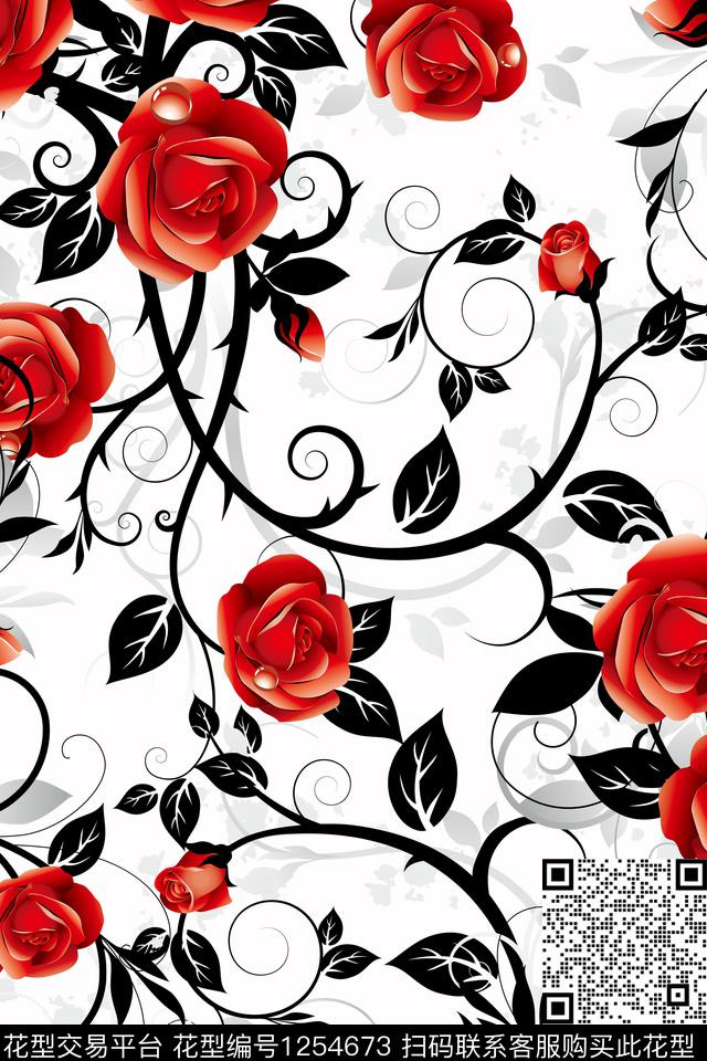 绿植树叶花卉玫瑰花数码印花华亿平台下载（图片编号: 1254673） - 瓦栏（Walan）