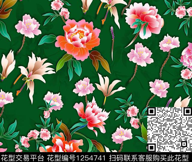 手绘花卉香云纱花卉数码印花华亿平台下载（图片编号: 1254741） - 瓦栏（Walan）