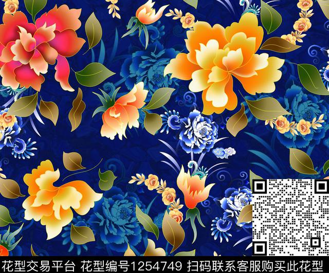 青花瓷手绘花卉国画数码印花华亿平台下载（图片编号: 1254749） - 瓦栏（Walan）