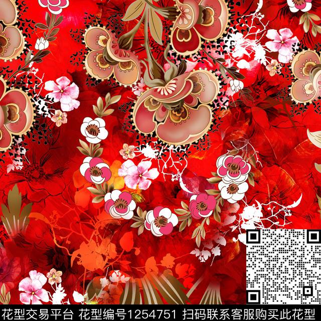 水彩花卉手绘花卉香云纱数码印花华亿平台下载（图片编号: 1254751） - 瓦栏（Walan）