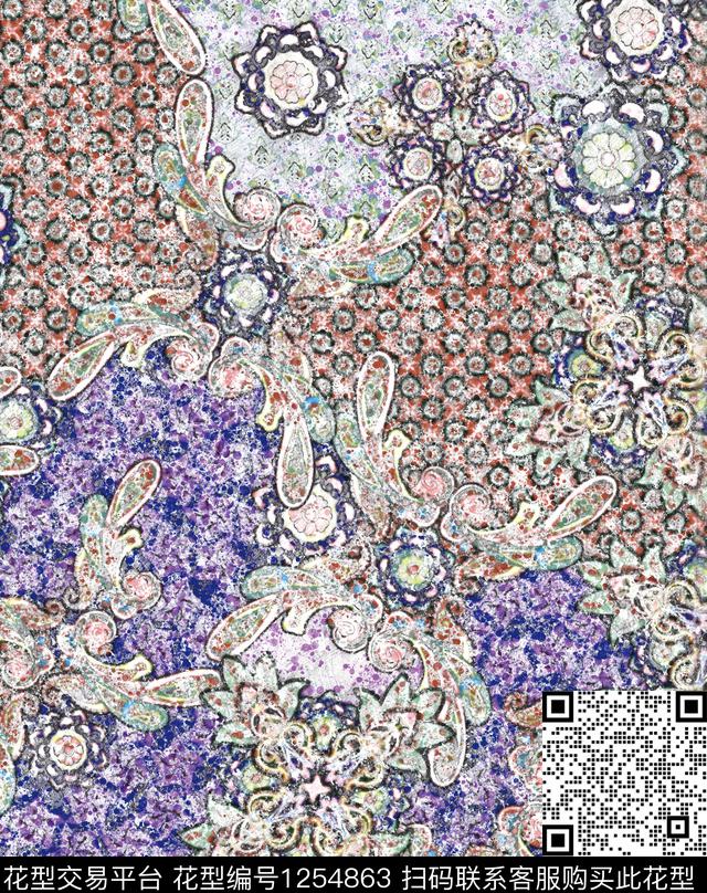 花卉佩斯利手绘数码印花华亿平台下载（图片编号: 1254863） - 瓦栏（Walan）