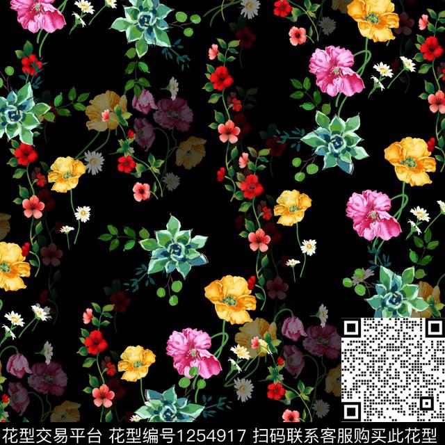 手绘花卉满版散花小方巾数码印花华亿平台下载（图片编号: 1254917） - 瓦栏（Walan）