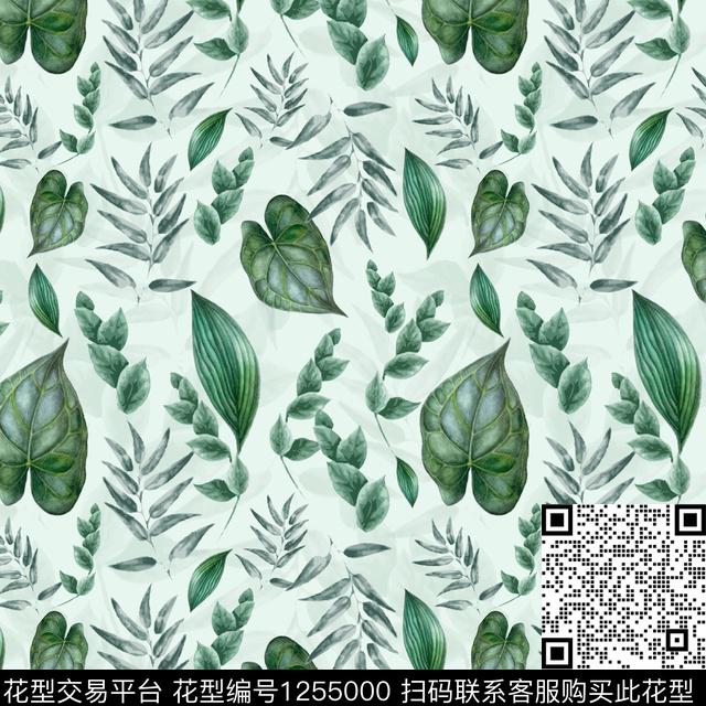 手绘大花花卉绿植树叶数码印花华亿平台下载（图片编号: 1255000） - 瓦栏（Walan）