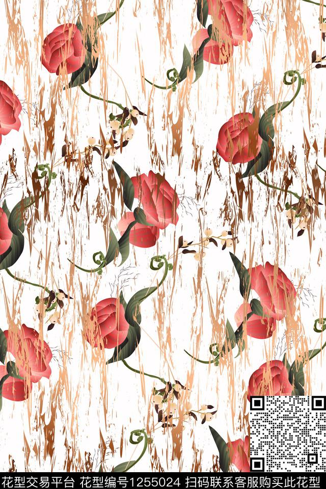 线条画玫瑰花水彩花卉数码印花华亿平台下载（图片编号: 1255024） - 瓦栏（Walan）