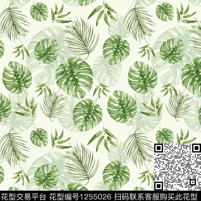 手绘大花花卉绿植树叶数码印花华亿平台下载（图片编号: 1255026） - 瓦栏（Walan）