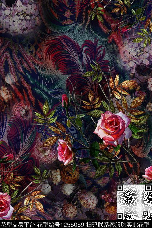 抽象中老年花卉数码印花华亿平台下载（图片编号: 1255059） - 瓦栏（Walan）