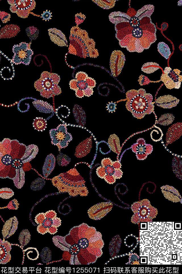 黑底花卉花卉大牌风数码印花华亿平台下载（图片编号: 1255071） - 瓦栏（Walan）
