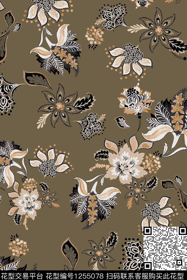 黑底花卉花卉大牌风数码印花华亿平台下载（图片编号: 1255078） - 瓦栏（Walan）