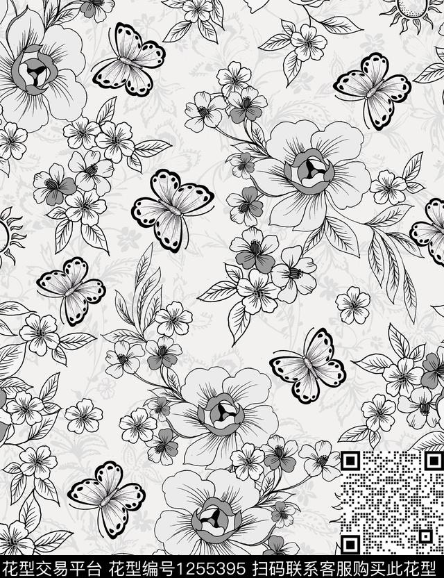 花卉蝴蝶花卉时尚传统印花华亿平台下载（图片编号: 1255395） - 瓦栏（Walan）