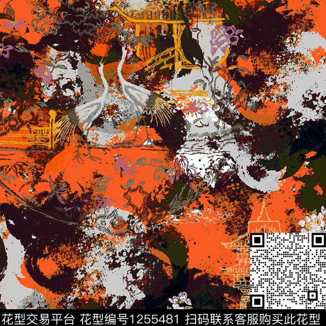 抽象花卉大牌风复古数码印花华亿平台下载（图片编号: 1255481） - 瓦栏（Walan）