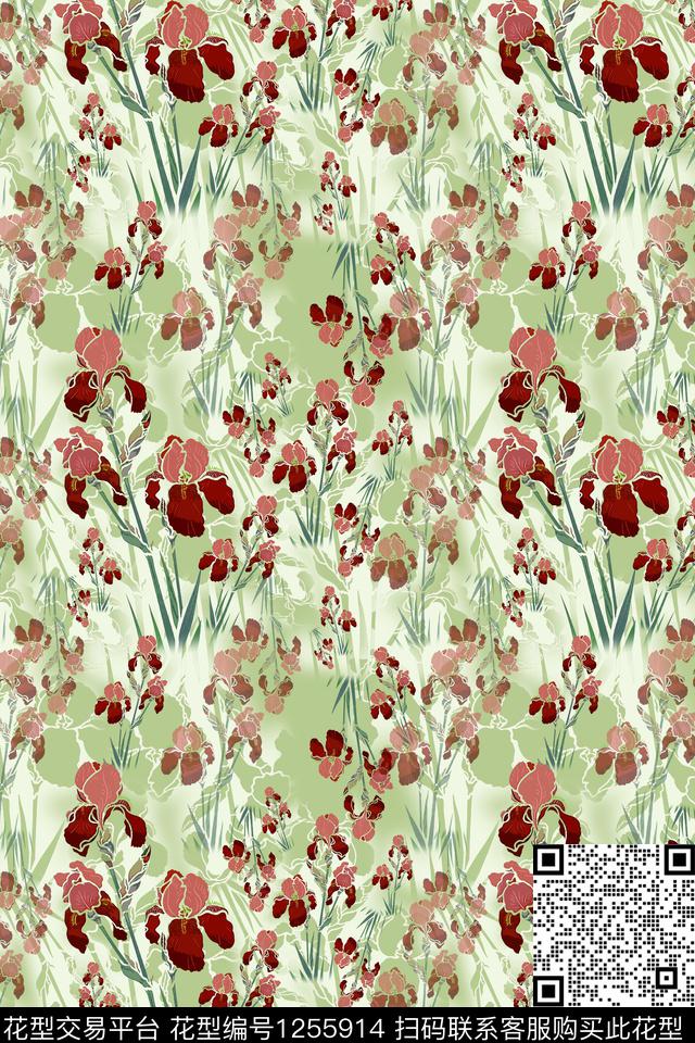 鸢尾花植物民族风图案数码印花华亿平台下载（图片编号: 1255914） - 瓦栏（Walan）