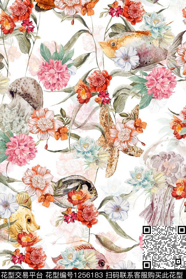 海洋满版散花花卉数码印花华亿平台下载（图片编号: 1256183） - 瓦栏（Walan）