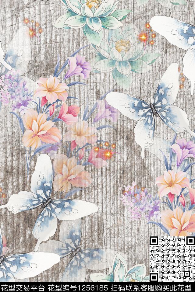 满版散花花卉蝴蝶数码印花华亿平台下载（图片编号: 1256185） - 瓦栏（Walan）
