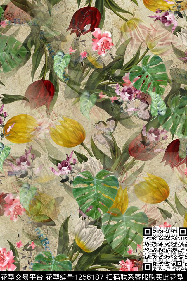 花卉电脑合成满版散花数码印花华亿平台下载（图片编号: 1256187） - 瓦栏（Walan）