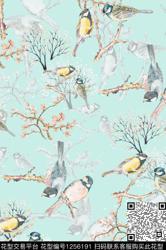 鸟满版散花花卉数码印花华亿平台下载（图片编号: 1256191） - 瓦栏（Walan）