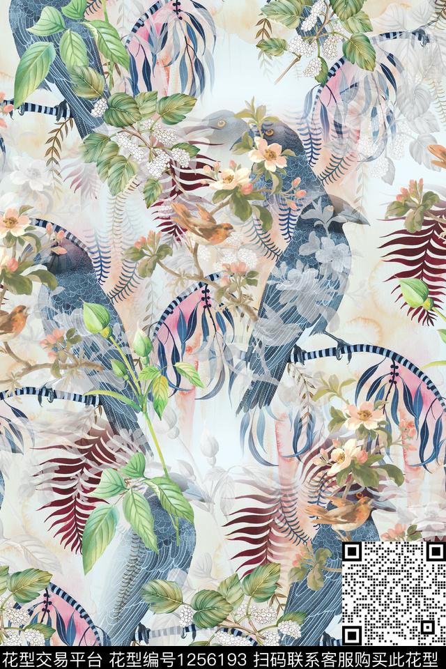 鸟满版散花花卉数码印花华亿平台下载（图片编号: 1256193） - 瓦栏（Walan）