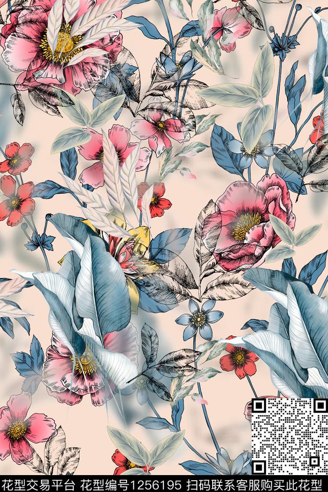花卉电脑合成满版散花数码印花华亿平台下载（图片编号: 1256195） - 瓦栏（Walan）