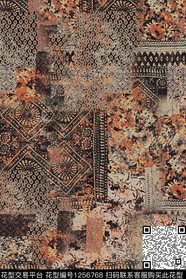 复古抽象混合拼接数码印花华亿平台下载（图片编号: 1256768） - 瓦栏（Walan）
