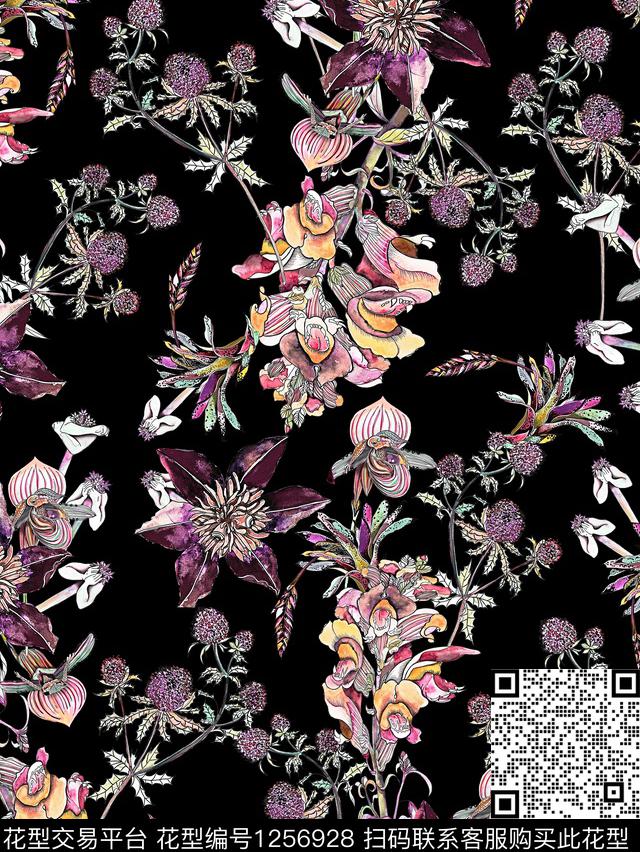 花卉绿植树叶黑底花卉数码印花华亿平台下载（图片编号: 1256928） - 瓦栏（Walan）