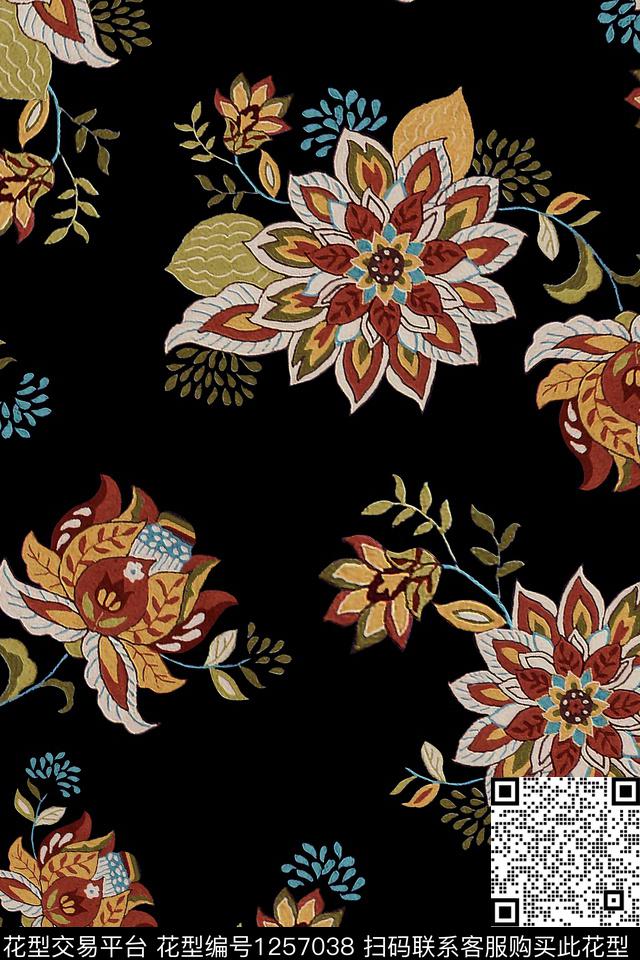 花卉数码华亿平台黑底花卉数码印花华亿平台下载（图片编号: 1257038） - 瓦栏（Walan）
