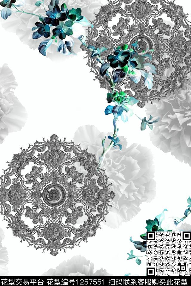 曼陀罗花卉古典花纹数码印花华亿平台下载（图片编号: 1257551） - 瓦栏（Walan）