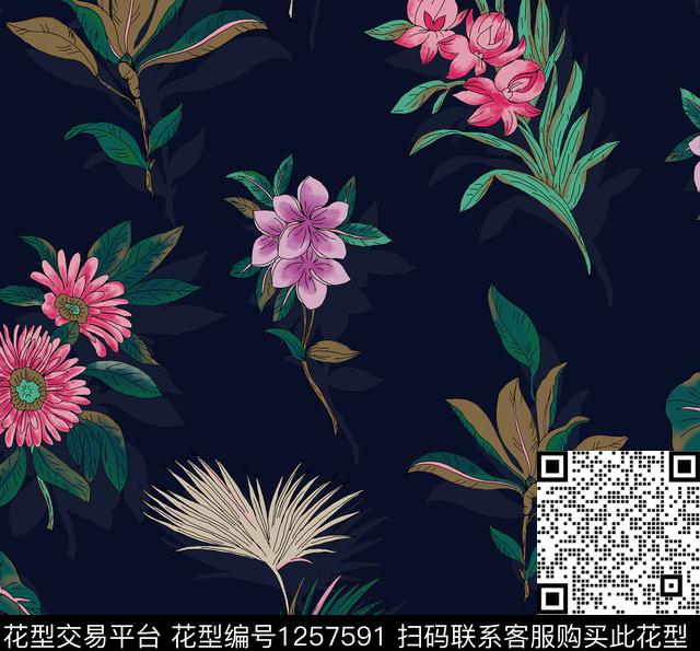 黑底花卉热带华亿平台花卉传统印花华亿平台下载（图片编号: 1257591） - 瓦栏（Walan）