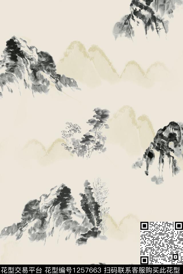 水墨风中国风大牌风数码印花华亿平台下载（图片编号: 1257663） - 瓦栏（Walan）