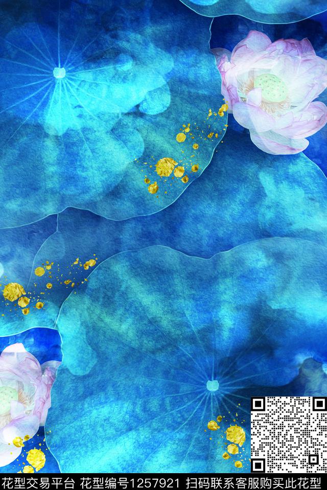 手绘蓝色荷花数码印花华亿平台下载（图片编号: 1257921） - 瓦栏（Walan）