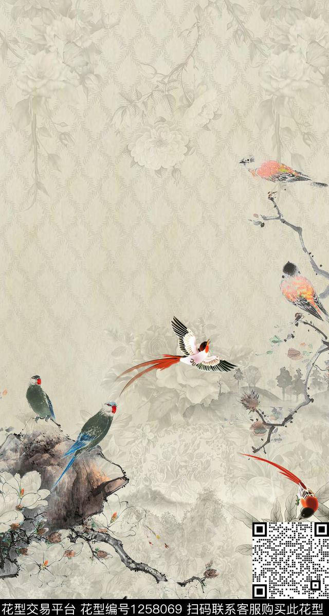 大牌风中国风手绘大花数码印花华亿平台下载（图片编号: 1258069） - 瓦栏（Walan）