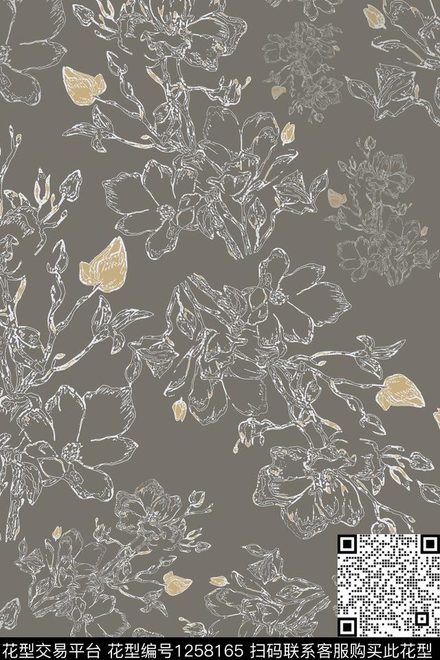 手绘线条笔触玉兰花语男装休闲花卉传统印花华亿平台下载（图片编号: 1258165） - 瓦栏（Walan）