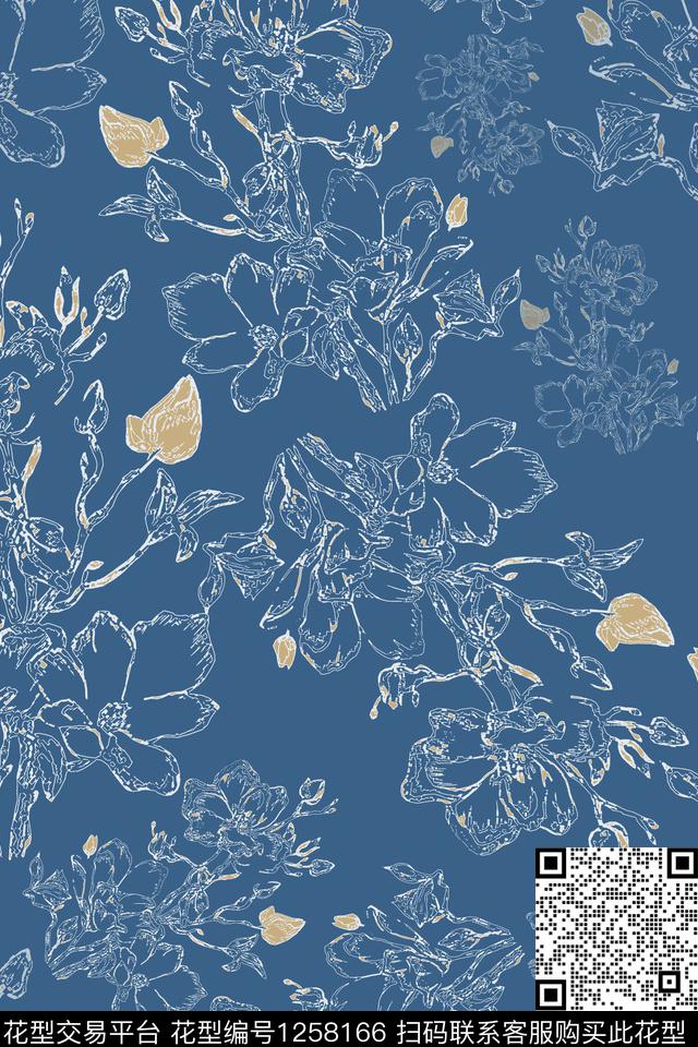 手绘线条笔触玉兰花语男装休闲花卉传统印花华亿平台下载（图片编号: 1258166） - 瓦栏（Walan）