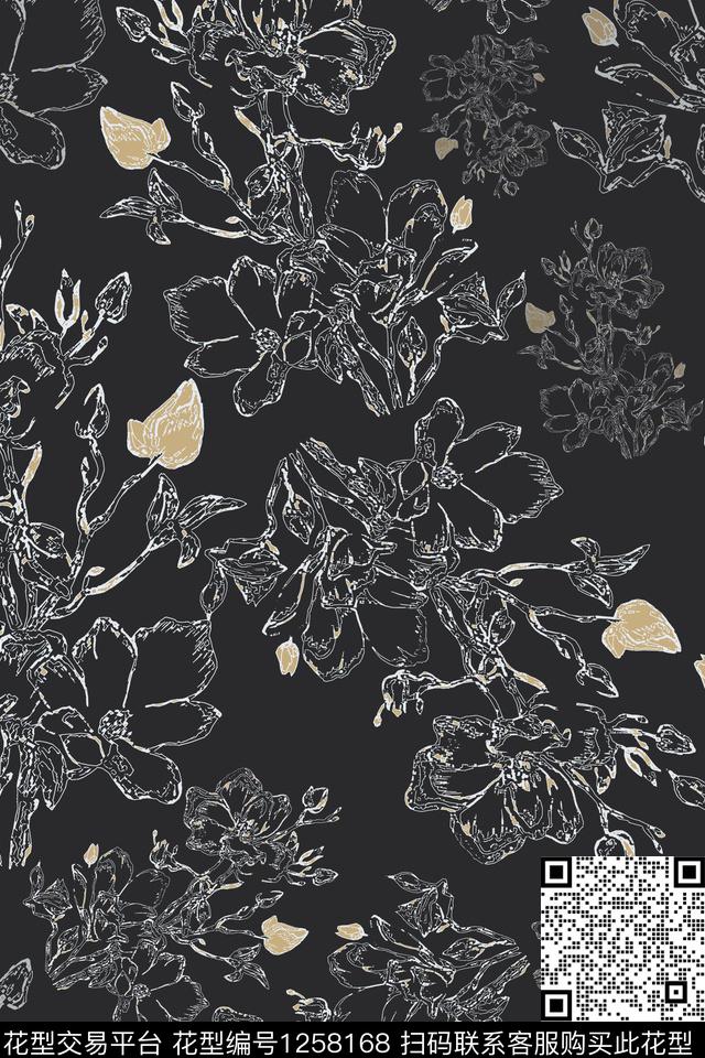 手绘线条笔触玉兰花语男装休闲花卉传统印花华亿平台下载（图片编号: 1258168） - 瓦栏（Walan）