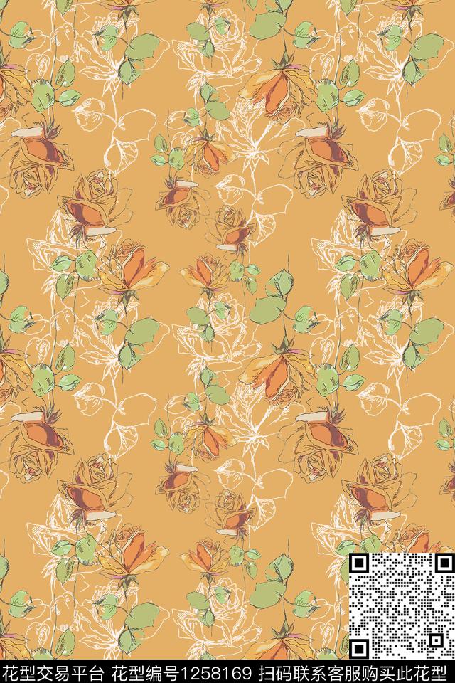 植物玫瑰花语手绘线条笔触传统印花华亿平台下载（图片编号: 1258169） - 瓦栏（Walan）
