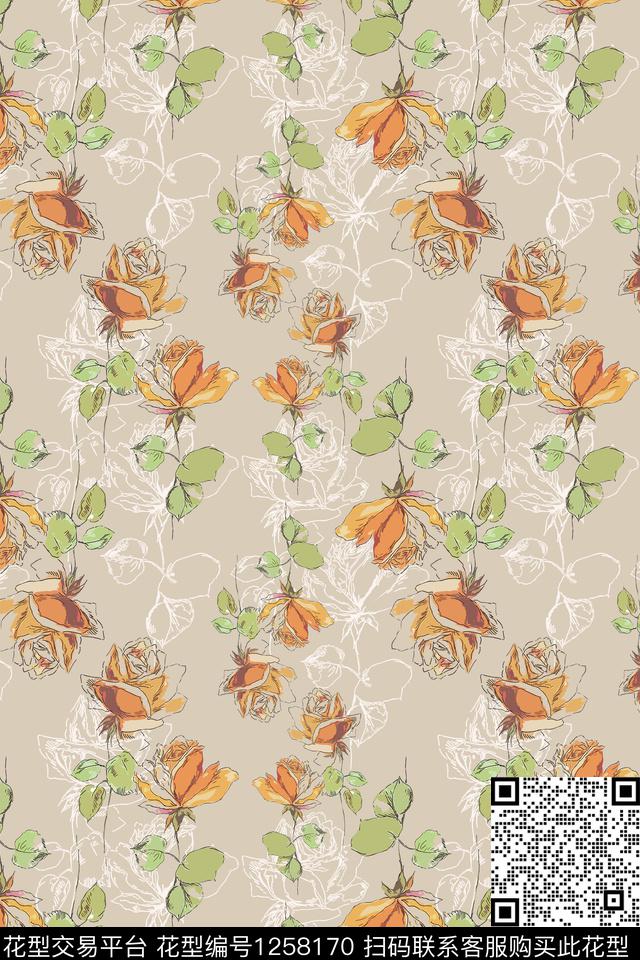 植物玫瑰花语手绘线条笔触传统印花华亿平台下载（图片编号: 1258170） - 瓦栏（Walan）