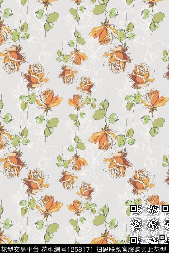植物玫瑰花语手绘线条笔触传统印花华亿平台下载（图片编号: 1258171） - 瓦栏（Walan）