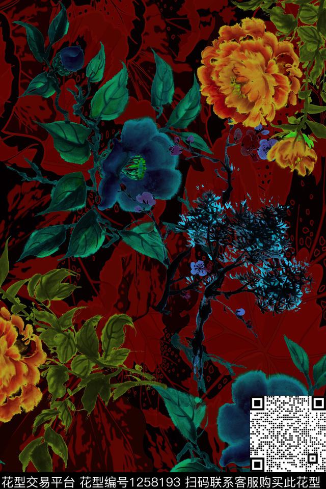 中老年手绘花卉水墨风数码印花华亿平台下载（图片编号: 1258193） - 瓦栏（Walan）