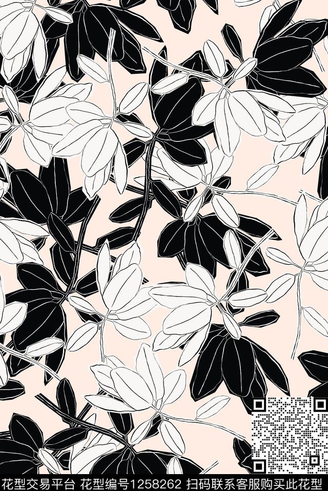 线条绿植树叶年轻女性数码印花华亿平台下载（图片编号: 1258262） - 瓦栏（Walan）