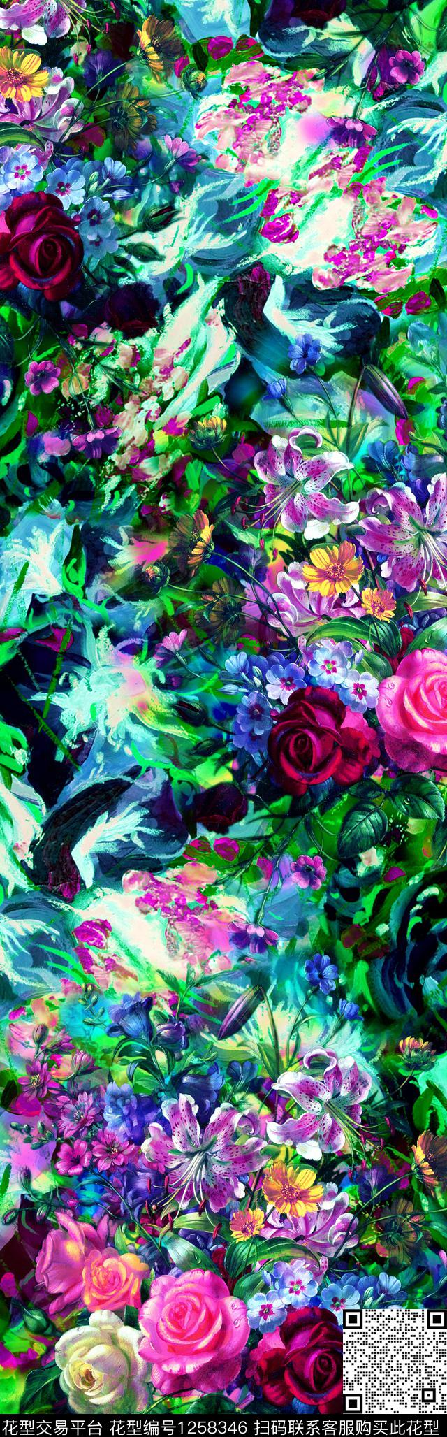 手绘花卉抽象花卉披肩长巾数码印花华亿平台下载（图片编号: 1258346） - 瓦栏（Walan）