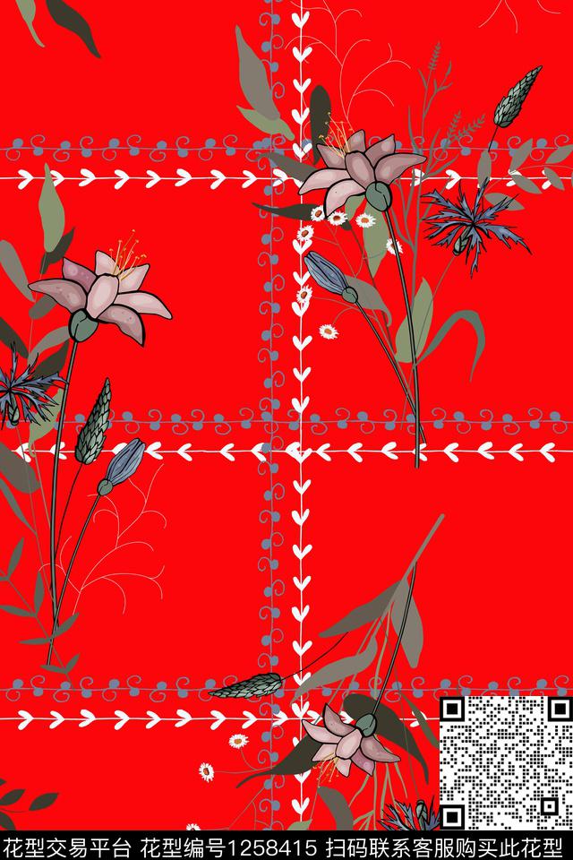 手绘波西米亚花卉数码印花华亿平台下载（图片编号: 1258415） - 瓦栏（Walan）