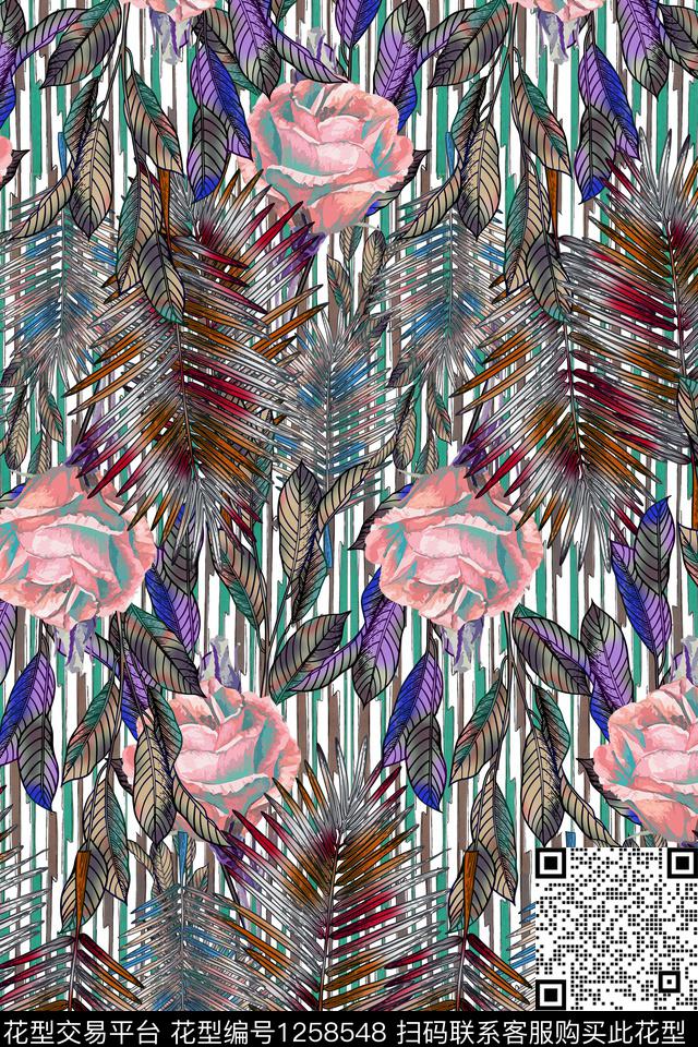 热带华亿平台绿植树叶花卉数码印花华亿平台下载（图片编号: 1258548） - 瓦栏（Walan）