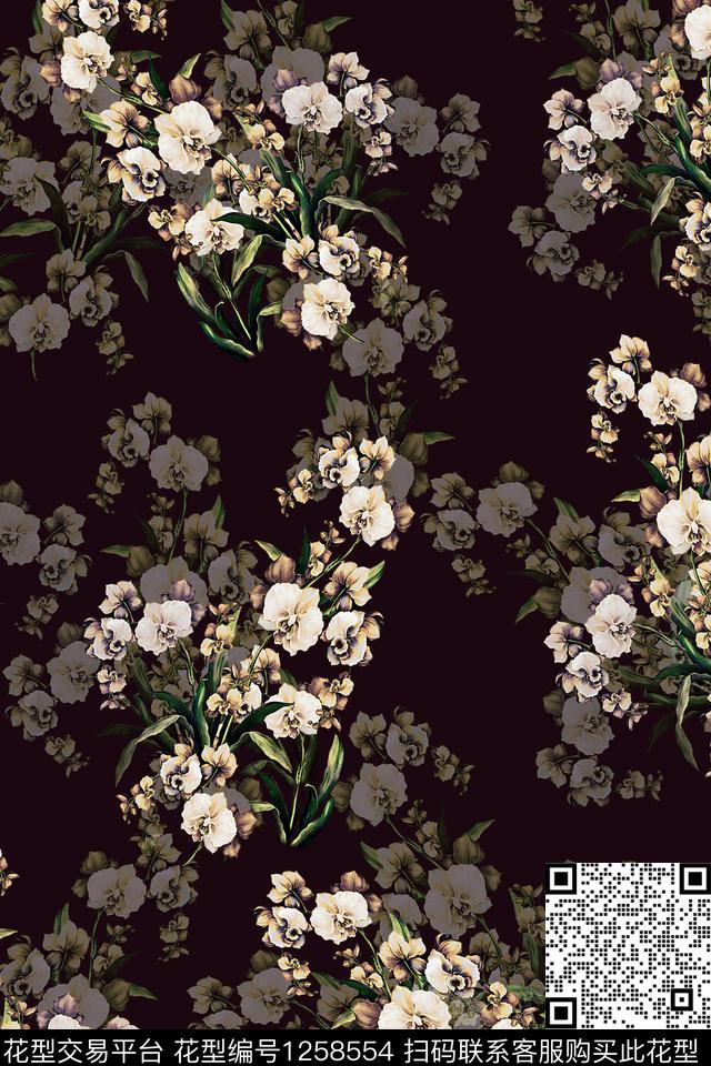 旗袍手绘花卉女装数码印花华亿平台下载（图片编号: 1258554） - 瓦栏（Walan）