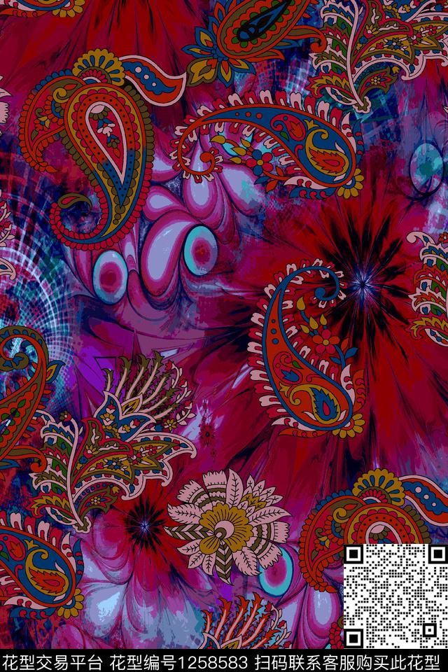 佩斯利抽象民族风数码印花华亿平台下载（图片编号: 1258583） - 瓦栏（Walan）