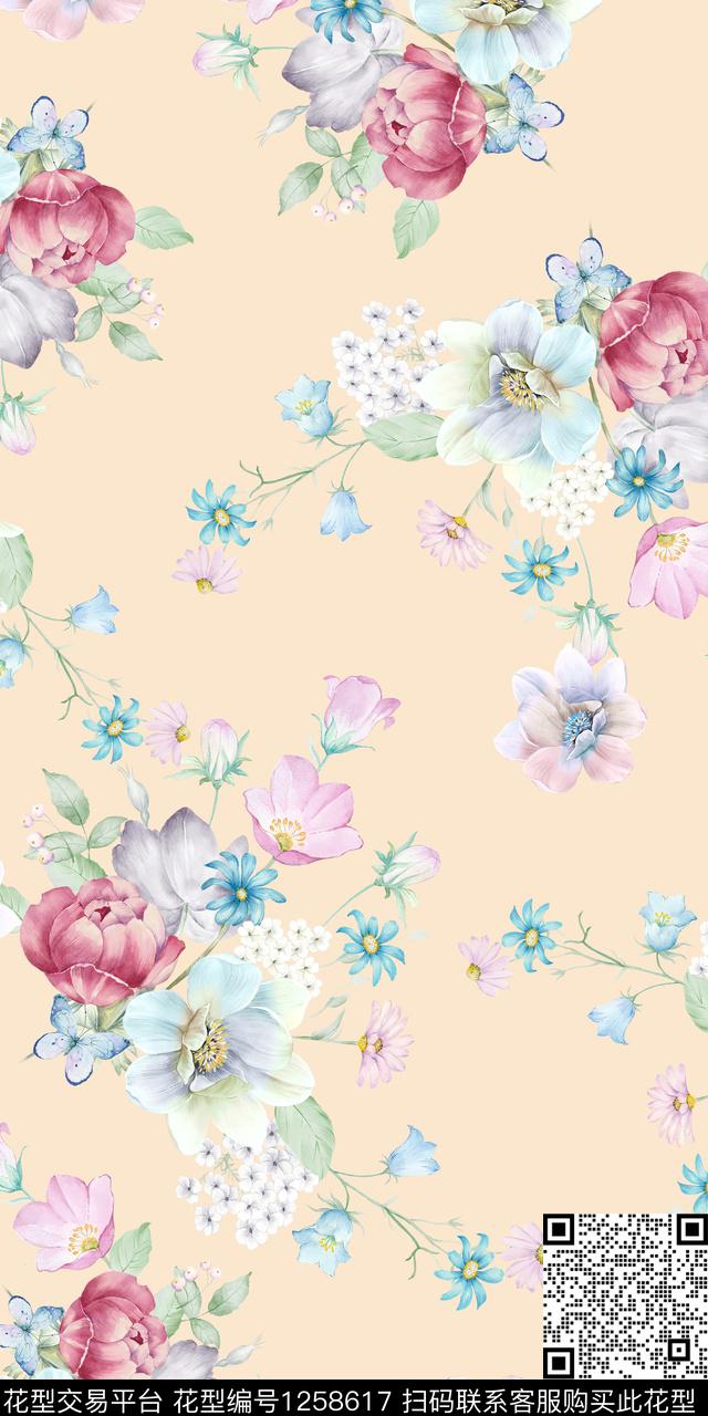 花卉手绘素雅数码印花华亿平台下载（图片编号: 1258617） - 瓦栏（Walan）