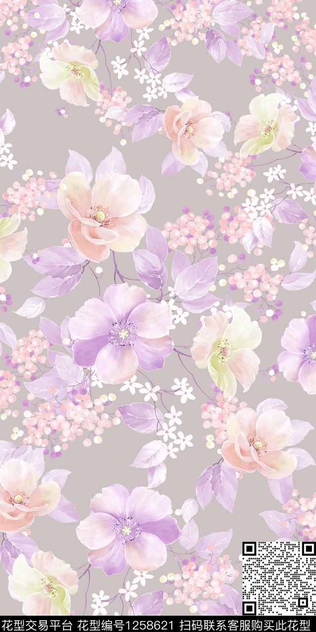花卉手绘素雅数码印花华亿平台下载（图片编号: 1258621） - 瓦栏（Walan）