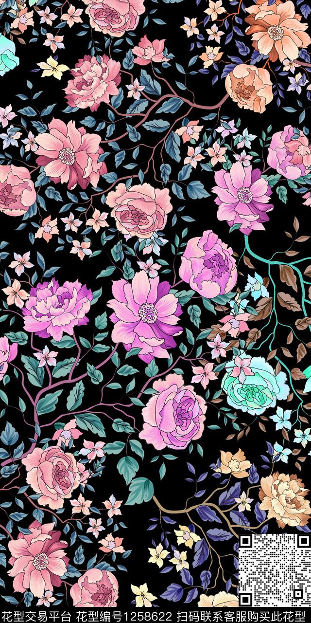 花卉大牌风黑底花卉数码印花华亿平台下载（图片编号: 1258622） - 瓦栏（Walan）