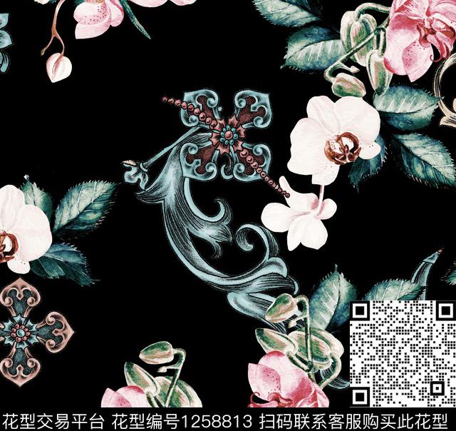 复古抽象花卉大牌风数码印花华亿平台下载（图片编号: 1258813） - 瓦栏（Walan）